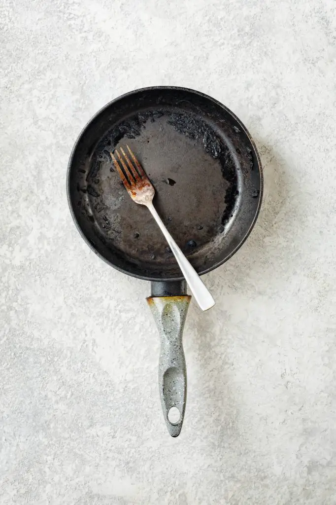 Burnt frying pan and fork
