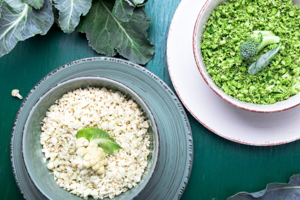 Cauliflower rice and broccoli rice in bowl