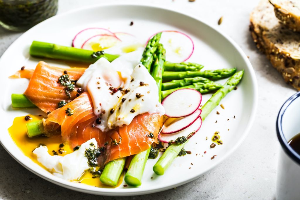 Smoked Salmon,Poached Egg on steamed Asparagus with Basil Pesto