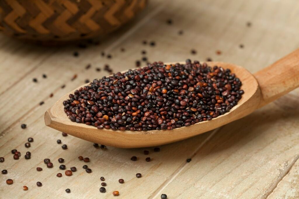 Black quinoa on a spoon