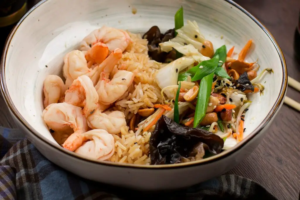 Asian food: rice with shrimp and peanuts