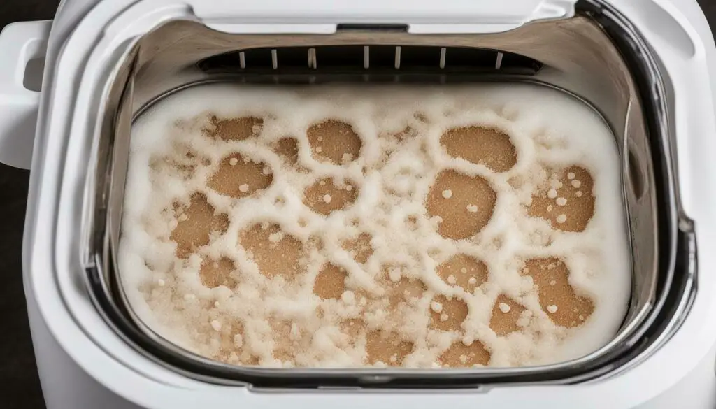 Cooking surface of a rice cooker with a buildup of mineral deposits