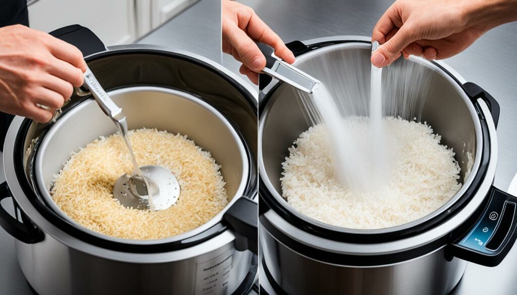 measuring rice and water in a rice cooker