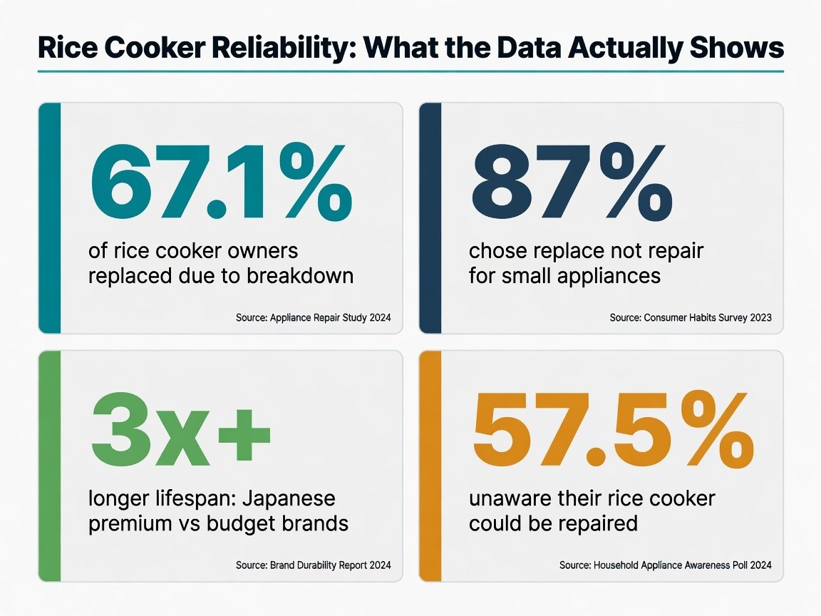 Rice cooker reliability key statistics infographic — failure rates, lifespan gaps, and replacement data 2026