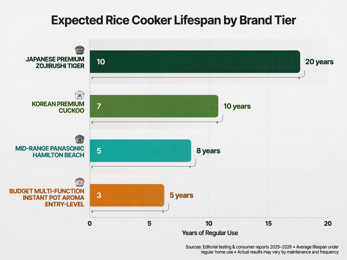 Expected rice cooker lifespan by brand tier — horizontal bar chart comparing Japanese premium, Korean, mid-range, and budget models