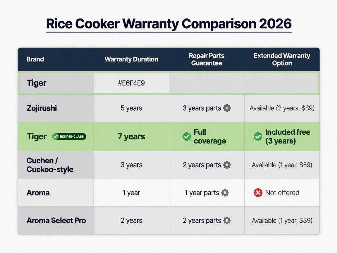 Rice cooker brand warranty comparison table — Zojirushi, Tiger, Cuchen, and Aroma coverage terms side by side