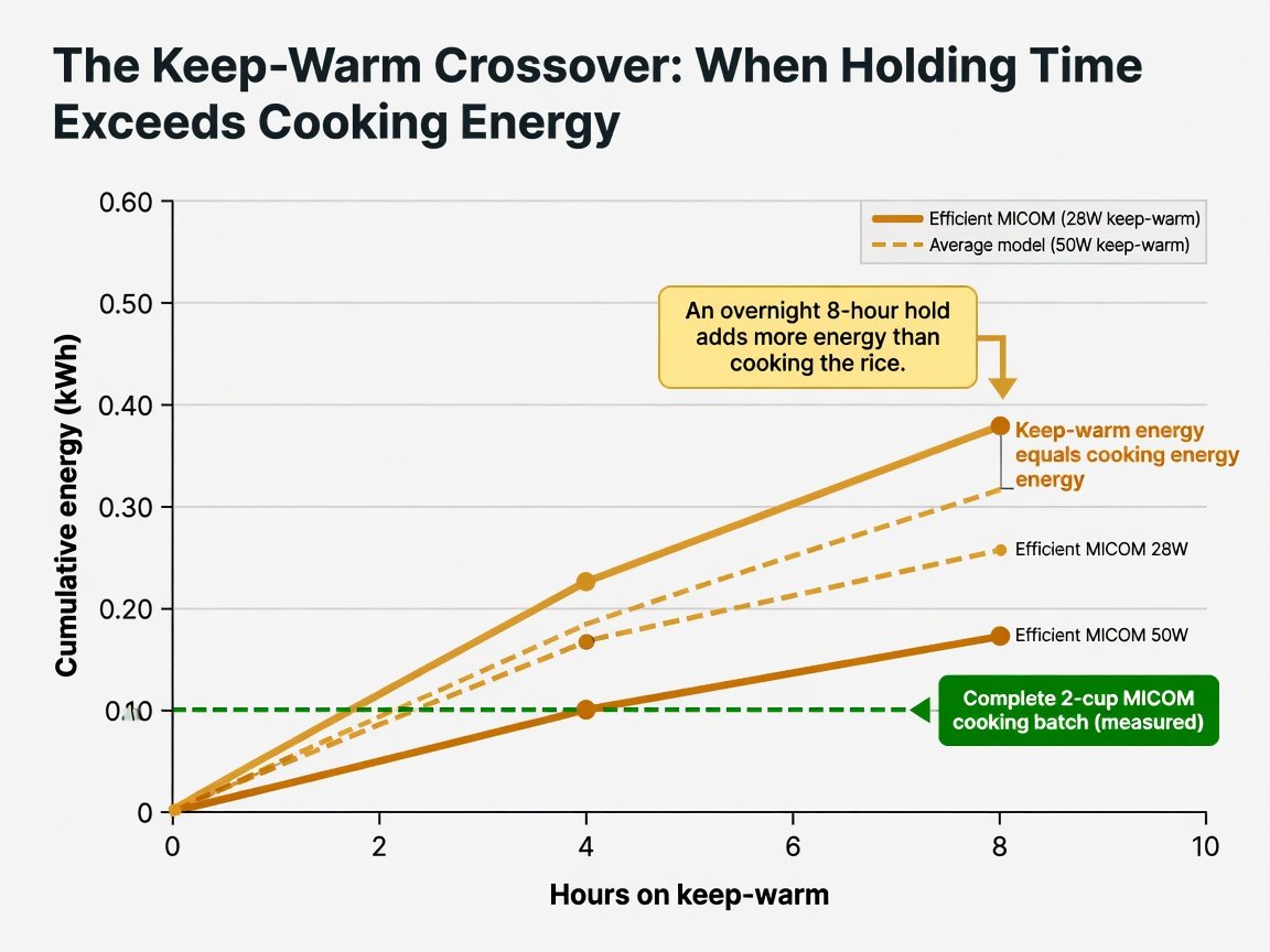 Line chart showing cumulative keep-warm energy in kWh vs hours, with crossover point where hold energy exceeds cooking energy at 2.8 and 5 hours