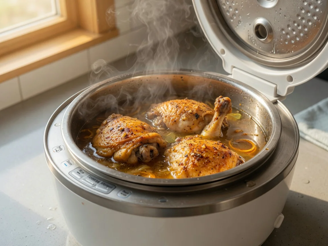 Seasoned chicken thighs cooking inside an open rice cooker with steam rising from the pot