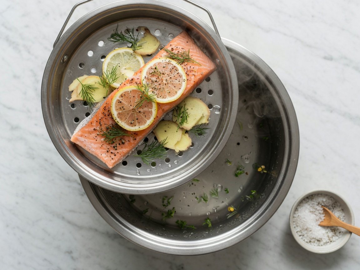 Salmon fillet on a rice cooker steam tray with lemon slices, ginger, and fresh dill