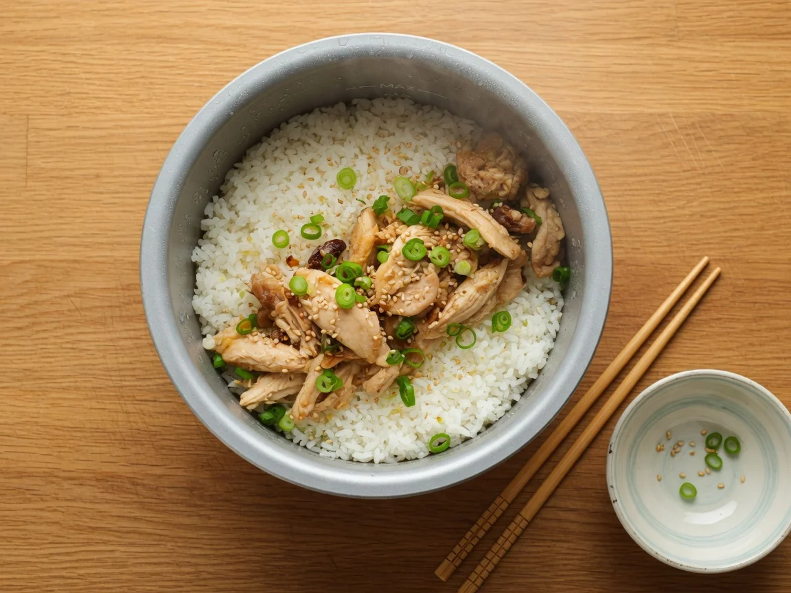 Open rice cooker showing fluffy white rice topped with tender shredded chicken and sliced scallions