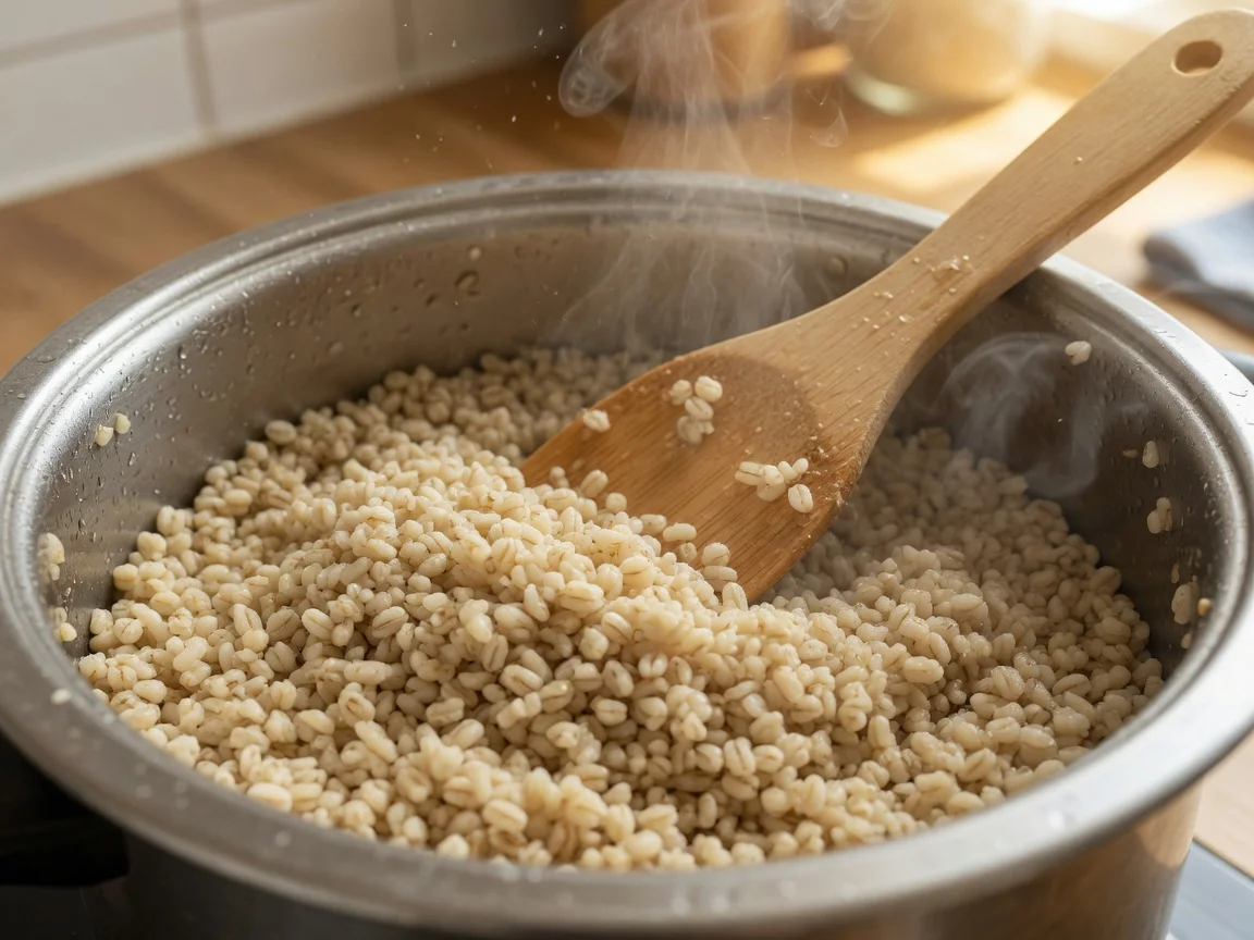 Fluffy cooked pearled barley in a rice cooker inner pot with a wooden rice paddle
