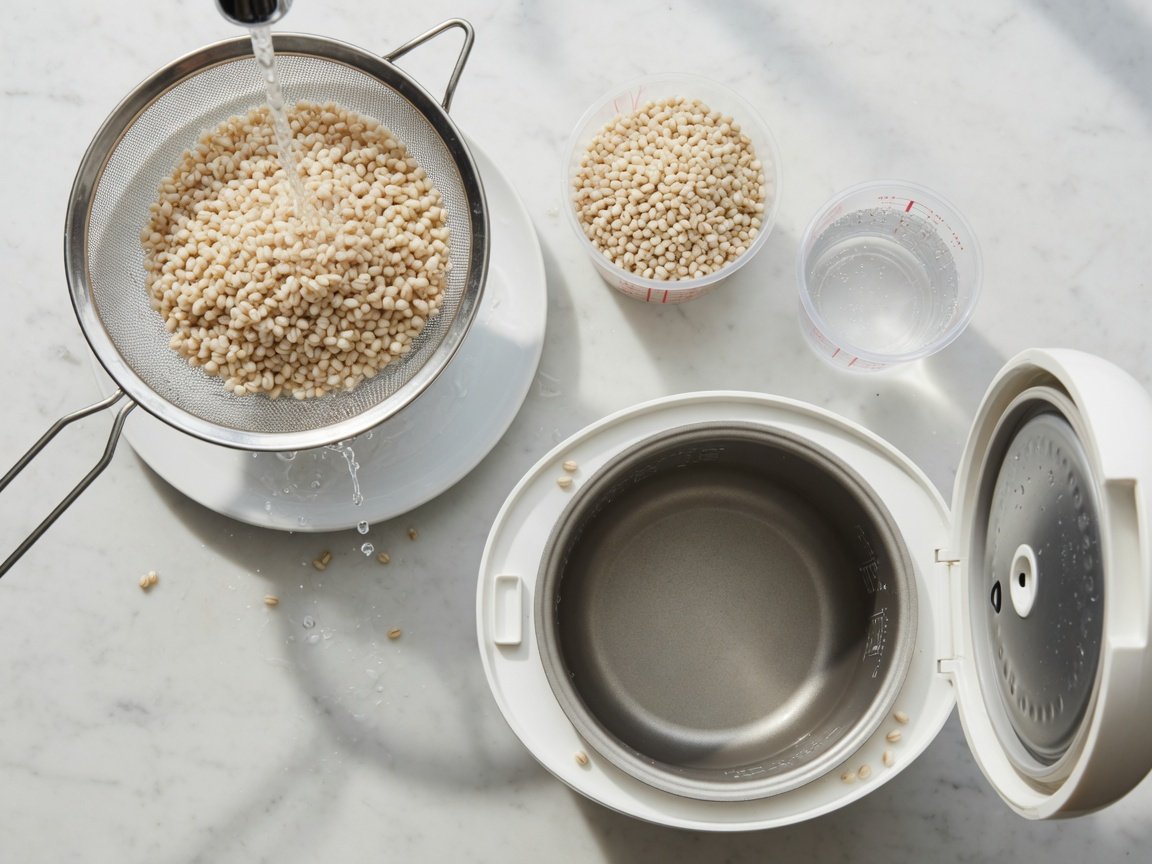 Flat-lay of pearled barley preparation steps showing rinsing in strainer and measuring cups beside rice cooker