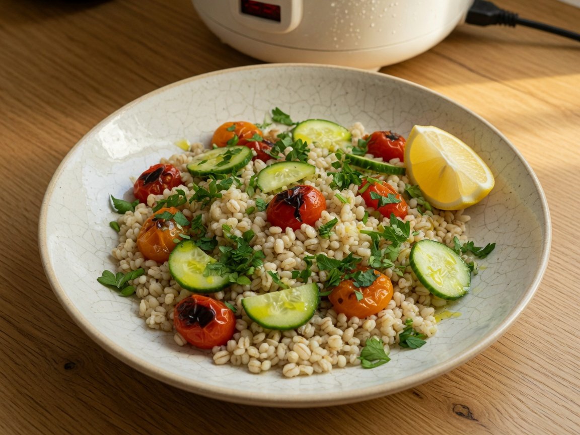 Bowl of cooked pearled barley topped with roasted vegetables, fresh herbs, and olive oil drizzle