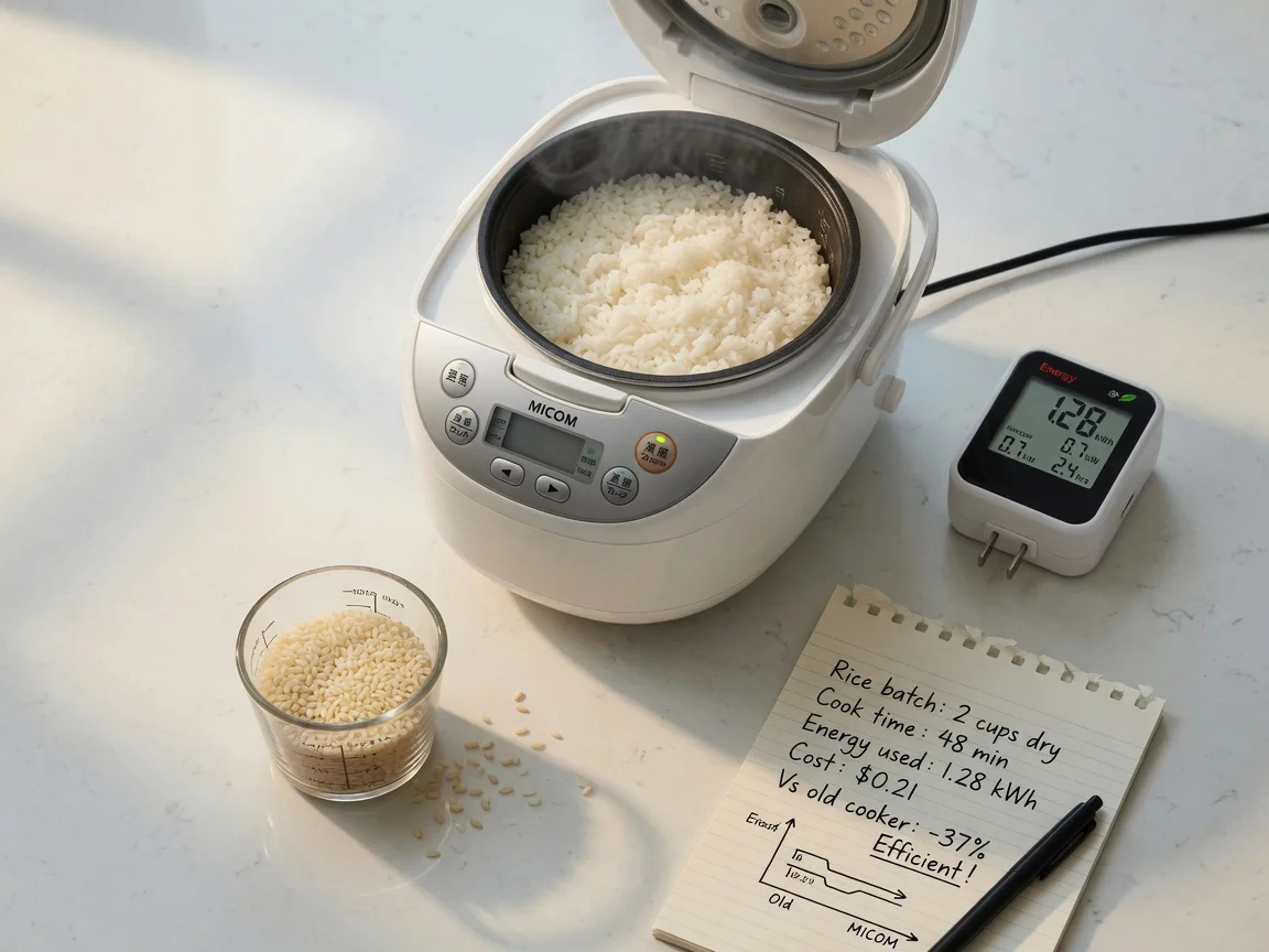 Rice cooker energy efficiency per cup shown with watt meter, measuring cup, and cooked rice on kitchen counter