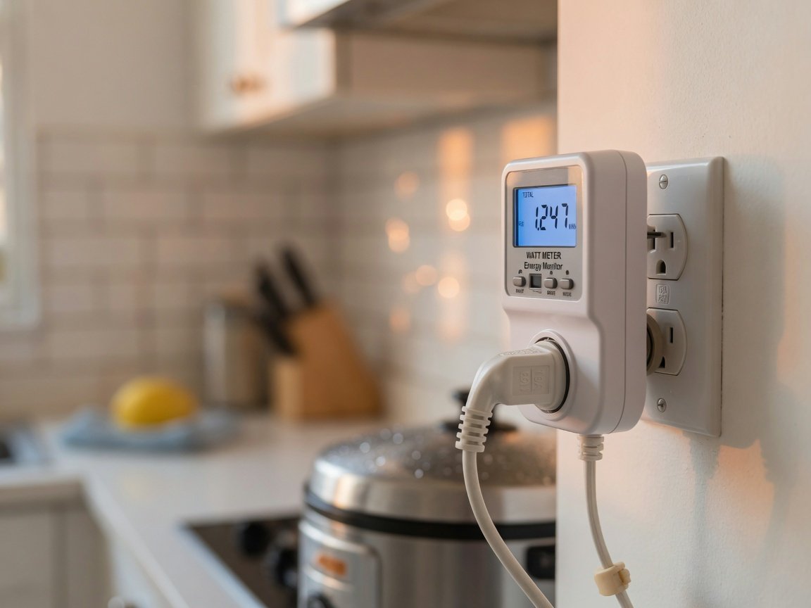 Plug-in watt meter energy monitor measuring rice cooker electricity consumption during cook cycle