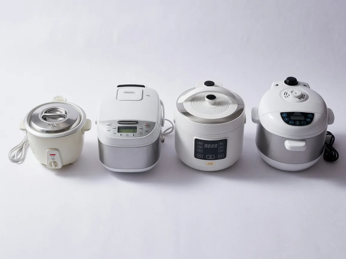 Four rice cooker types side by side — basic pot-style, MICOM, induction heating, and pressure IH — for efficiency comparison