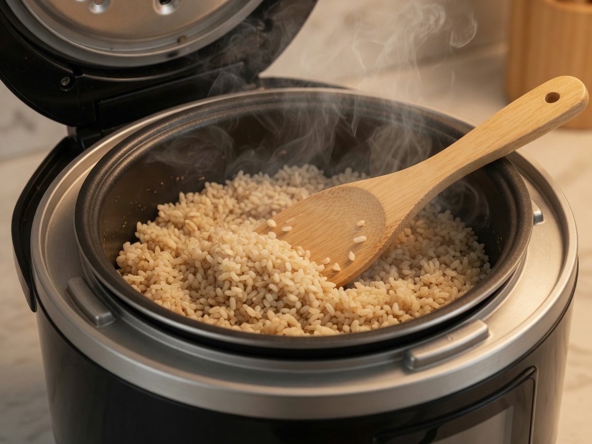 Open rice cooker showing freshly cooked fluffy brown rice with a wooden rice paddle resting across the inner pot