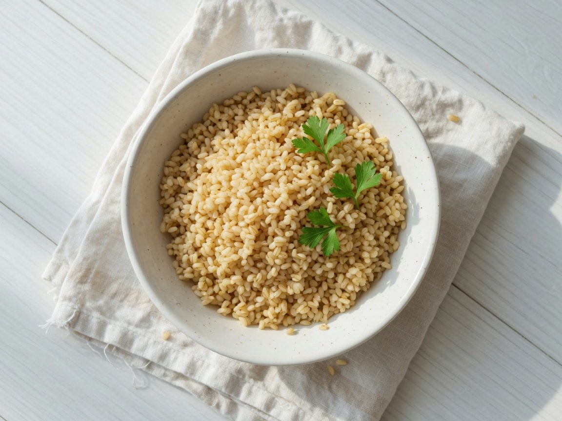 Bowl of perfectly cooked fluffy brown rice with fully separated grains showing ideal texture and warm colour