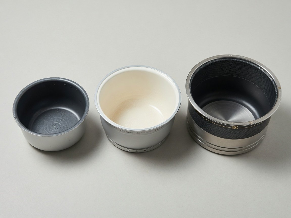 Three rice cooker inner pots arranged side by side showing differences in material thickness and coating quality