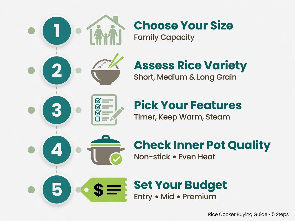 Five-step illustrated guide to choosing the right rice cooker covering size, rice type, features, inner pot, and budget