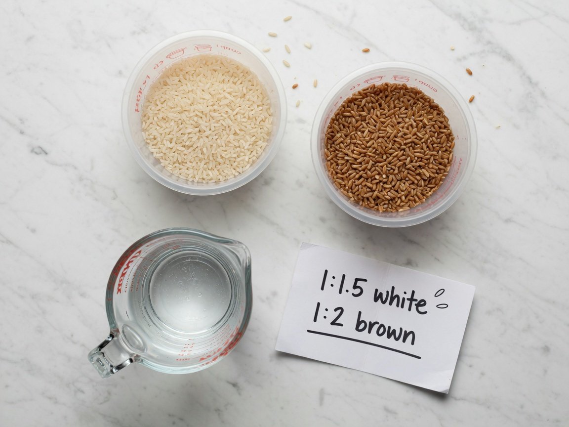 Overhead flat lay of rice cooker measuring cup, glass of water, and small bowls of white and brown uncooked rice on white marble