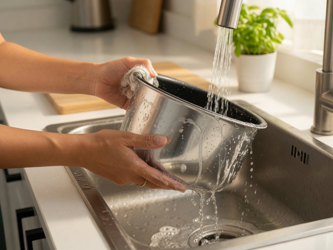 Person's hands washing a silver non-stick rice cooker inner pot under warm running water at a modern kitchen sink