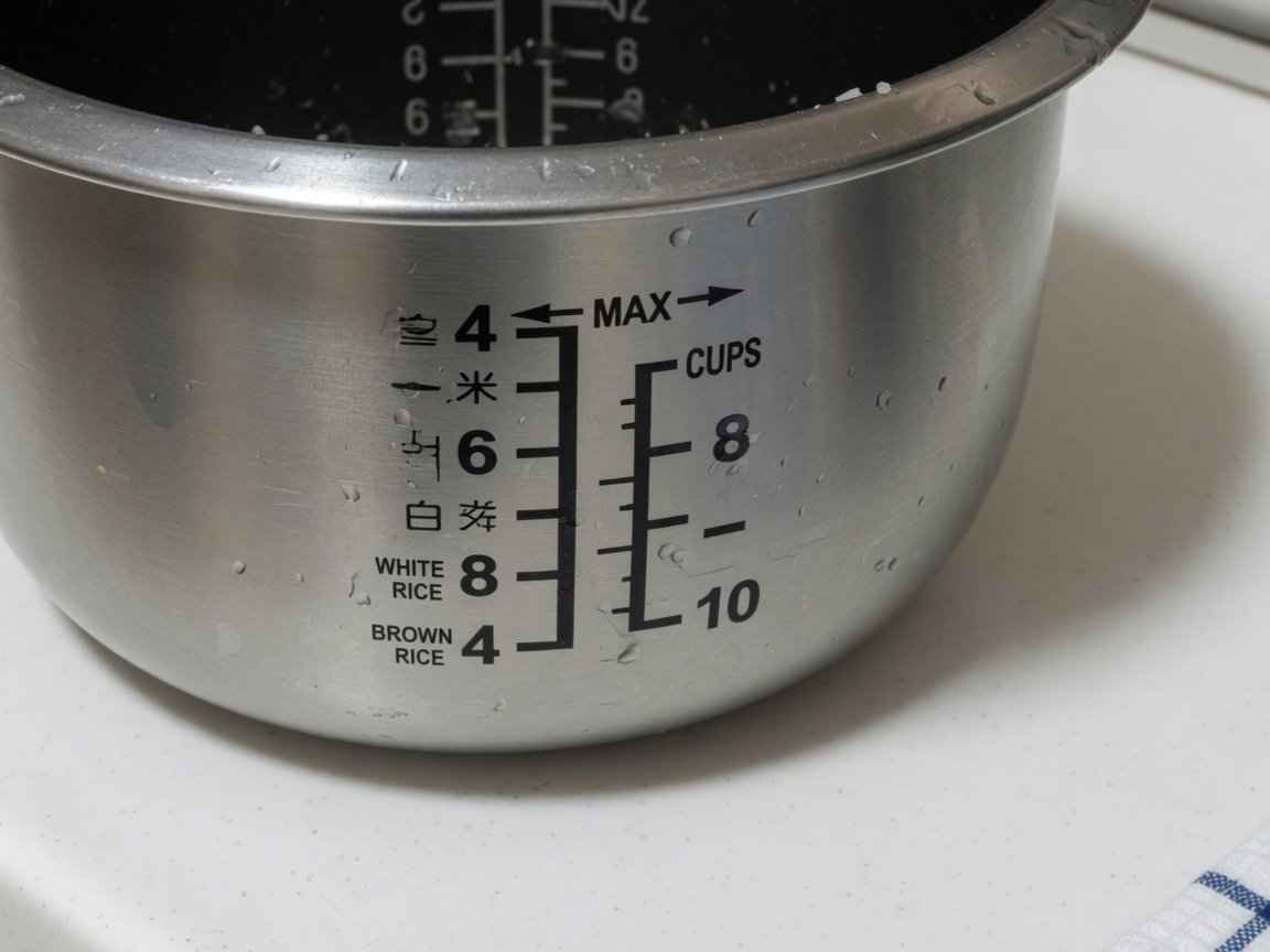 Close-up of a stainless steel rice cooker inner pot with clearly visible measurement markings on the interior wall