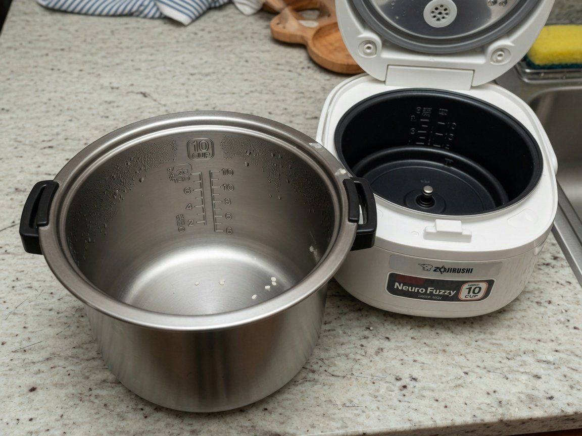 A 10-cup stainless steel rice cooker inner pot photographed on a kitchen counter alongside a Zojirushi rice cooker
