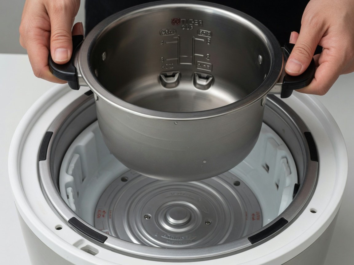 Close-up overhead shot of a rice cooker inner pot being carefully placed into a Tiger rice cooker base, showing the