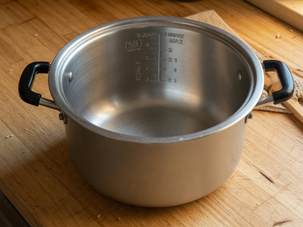 A large 5-quart stainless steel rice cooker inner pot photographed on a wooden kitchen surface with warm natural
