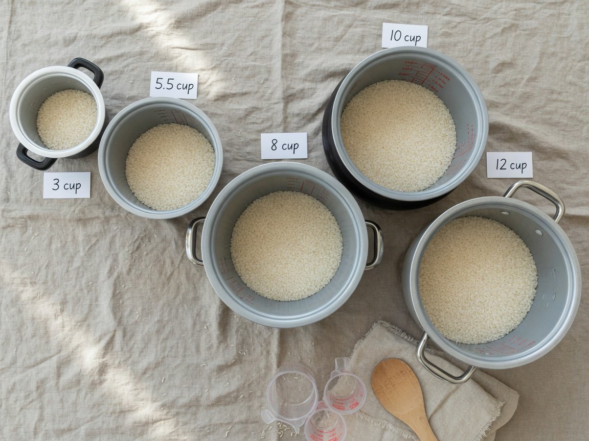 Overhead flat-lay of five rice cooker inner pots of different sizes arranged on a neutral linen surface, showing