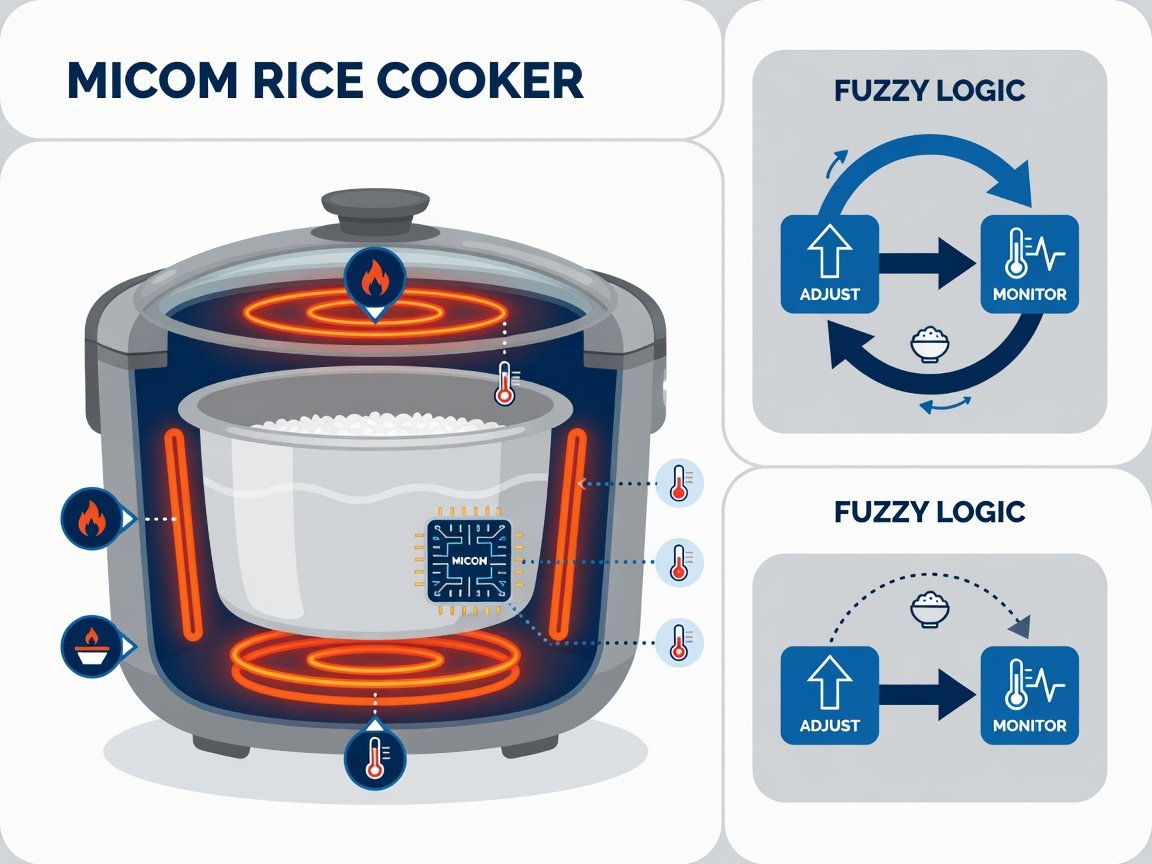 Infographic diagram showing how Zojirushi MICOM fuzzy logic technology adjusts temperature and cooking time in real time