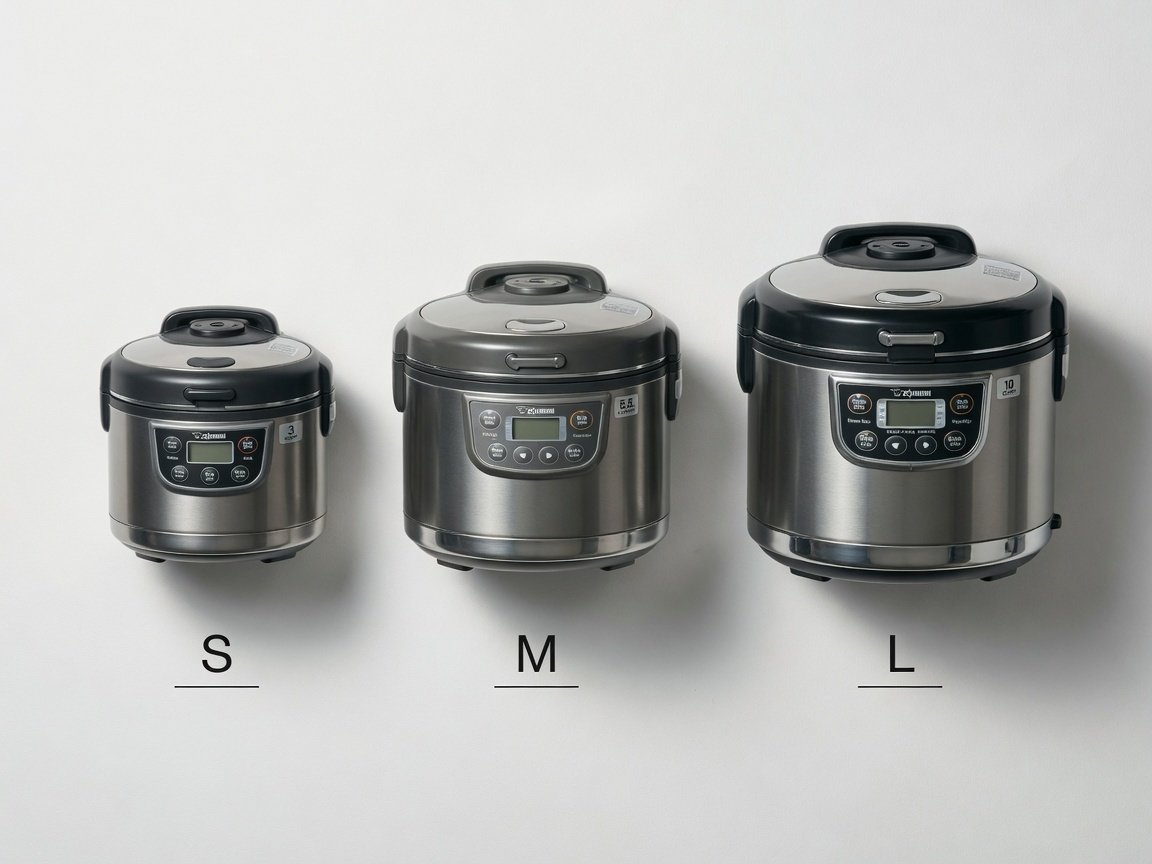 Side-by-side comparison of all 8 Zojirushi MICOM rice cooker models arranged by size from compact 3-cup to large 10-cup